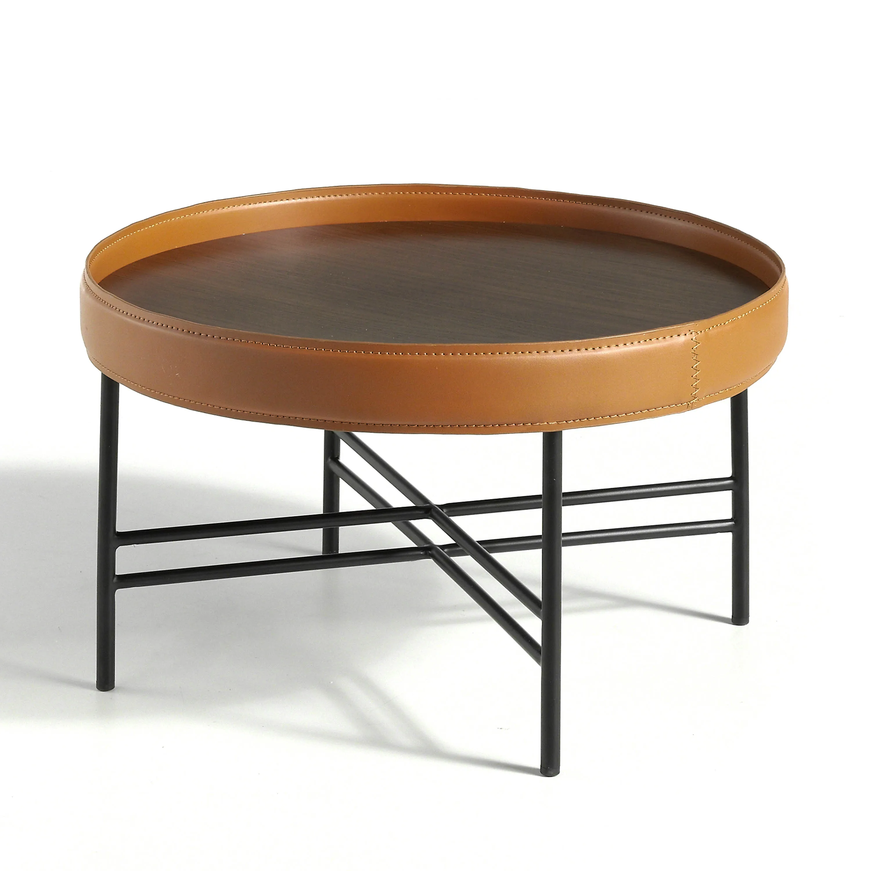 Coffee table 2058 Angel sow-round center table with walnut-plated wood lid and circular hoop upholstered in recycled cowhide in cognac color. Structure of the legs in steel painted in black epoxy color