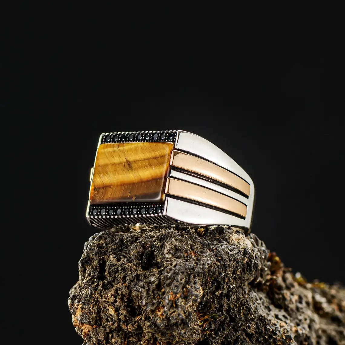 

Solid 925 Sterling Silver Rectangular Tiger Eye With Zircon Men's Jewelry Master Ring Men's Biker Jewelery Acessory Gift For Him