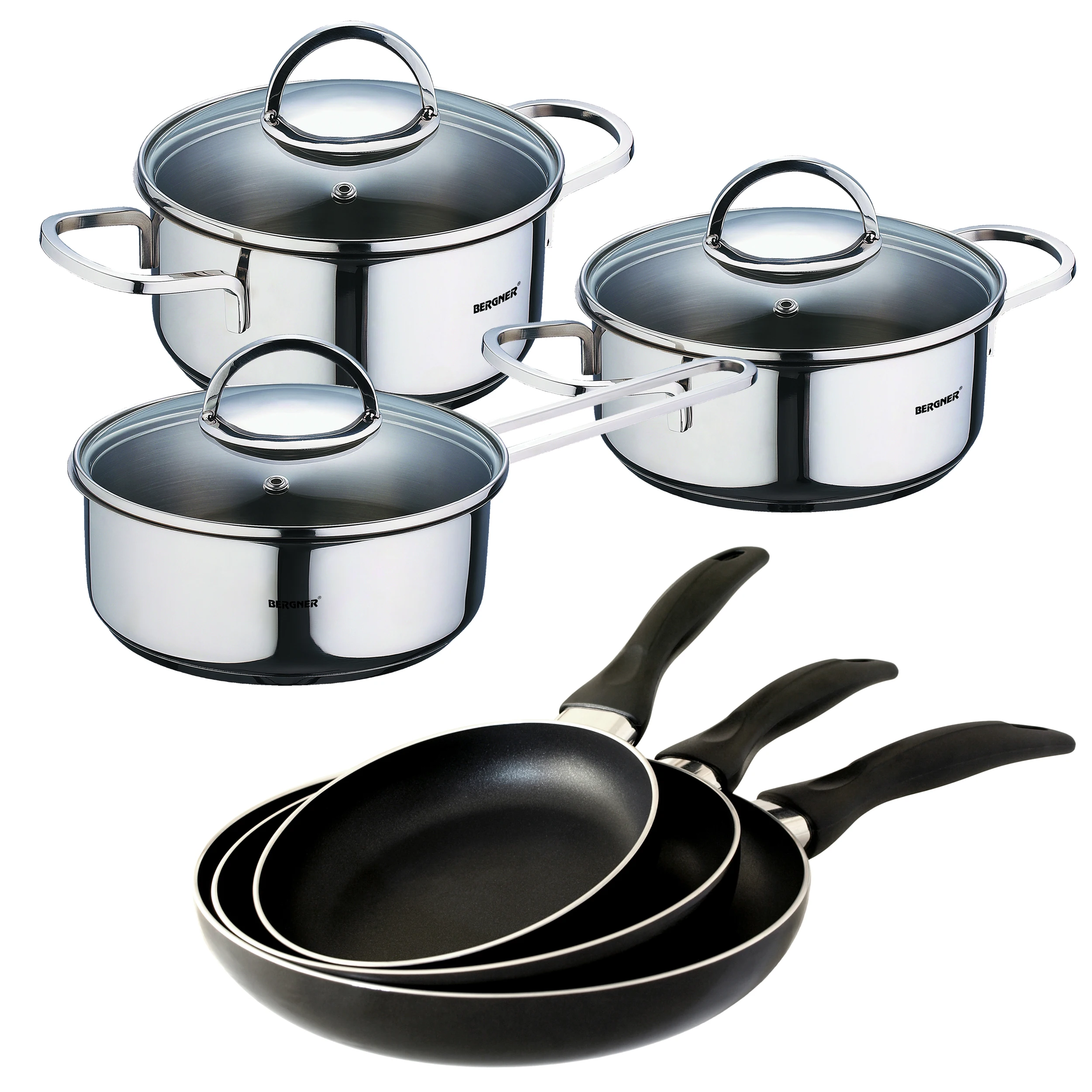 Set of pans (16,20,24cm) in pressed aluminium, Pan and BERGNER pans in stainless steel collection Classic