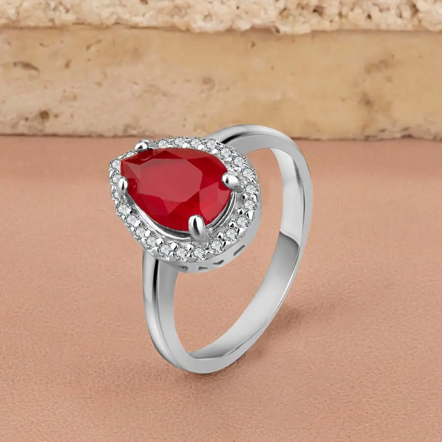 925 Sterling Silver Zircon Stone Engraved Ladies Ring Drop Model With Red StoneFashion Turkish Premium Quality Handmade Jawelery