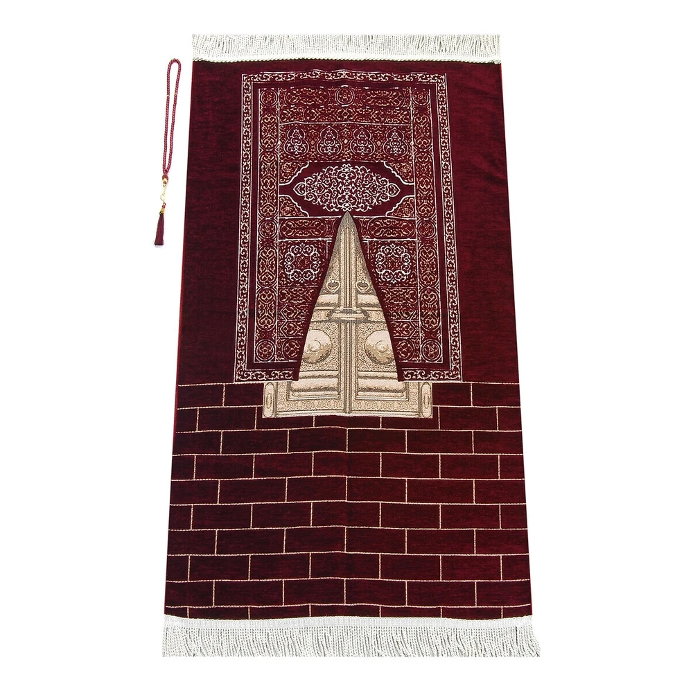 IQRAH Kaaba Door Model Patterned Chenille Prayer Rug Burgundy