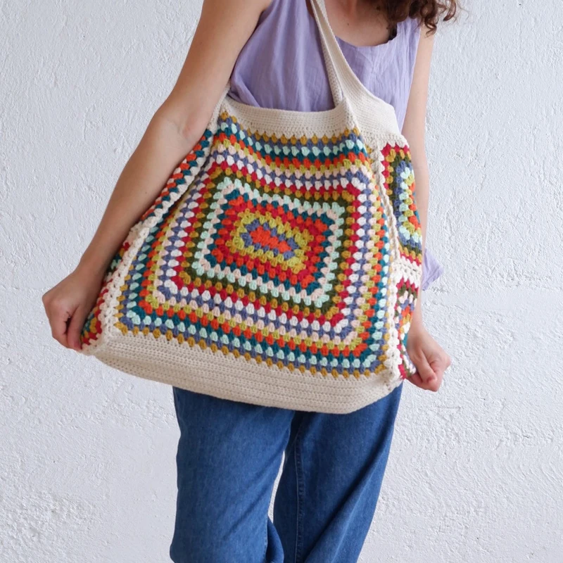 Handmade Granny Square White Navy Shoulder Bag Colorful Crochet Cute Purse Vintage Hippie Knitting Handbags For Summer Beach