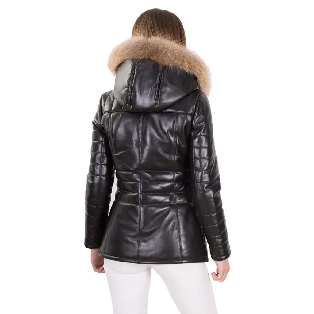 Frauen Kragen Pelz Leder Jacke Winter Schwarz Farbe Wasserdichte Leder Jacke Echtem Schaffell Lange Mäntel Hält Warm