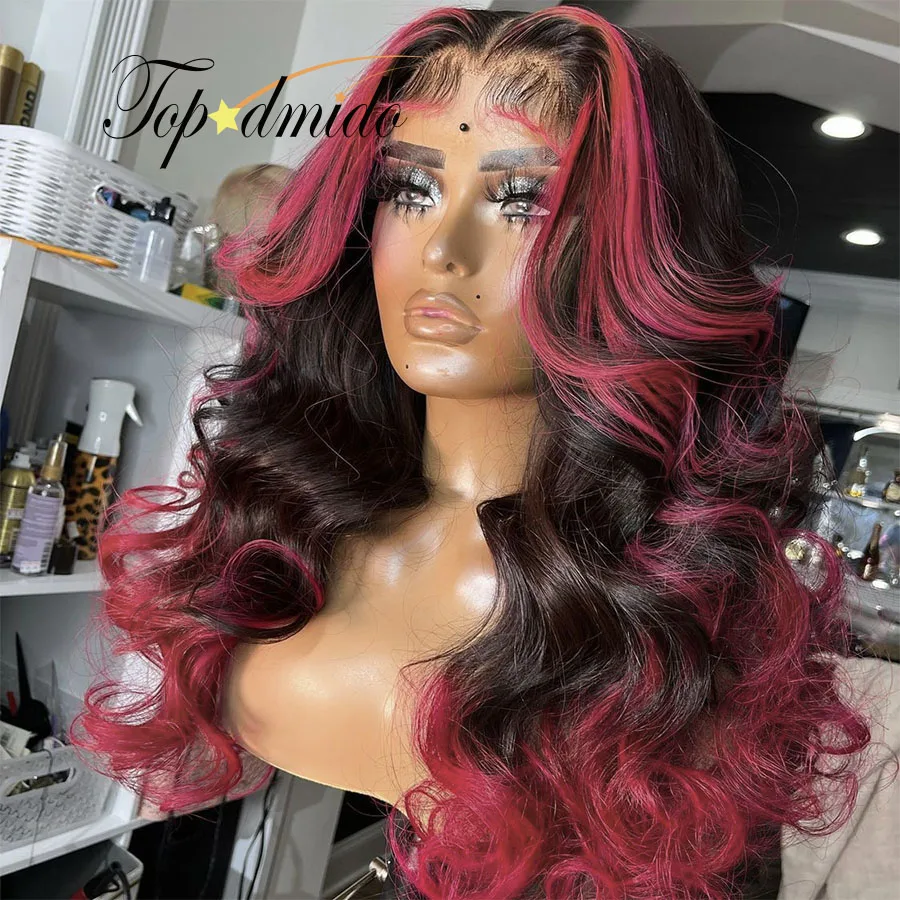 Topodmido Pink Highlight Color Peruvian Human Hair Wig With Pre Plucked Hairline Remy Hair 13x4 Lace Front Wigs Closure 4x4 Wigs