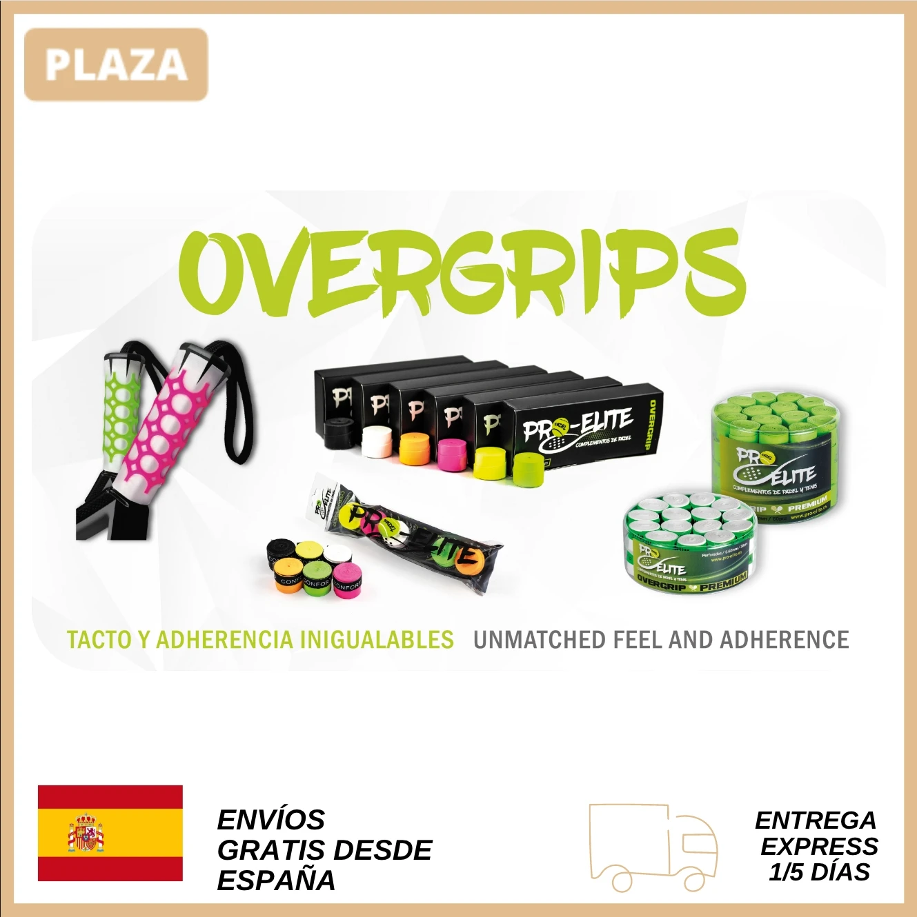 PRO-ELITE. 10 + 2 PREMIUM OVERGRIPS perforated case. We are Spanish brand. Send us 24H. To play PADEL. For TENNIS and BADMINTON. OVERGRIP PADEL. OVERGRIP.