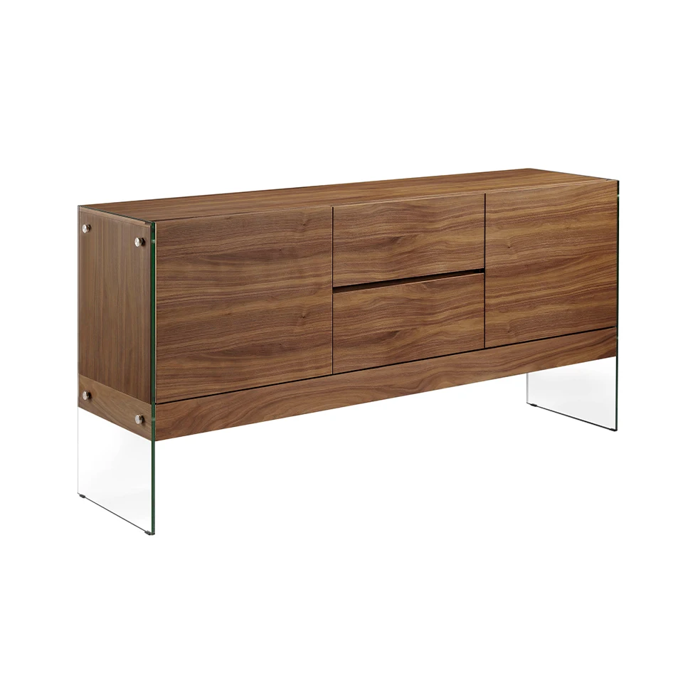 3062 sideboard Angel Cerdá-walnut-plated wood frame sideboard with two doors and two drawers and walnut-plated wood interior shelves. Tempered glass sides.