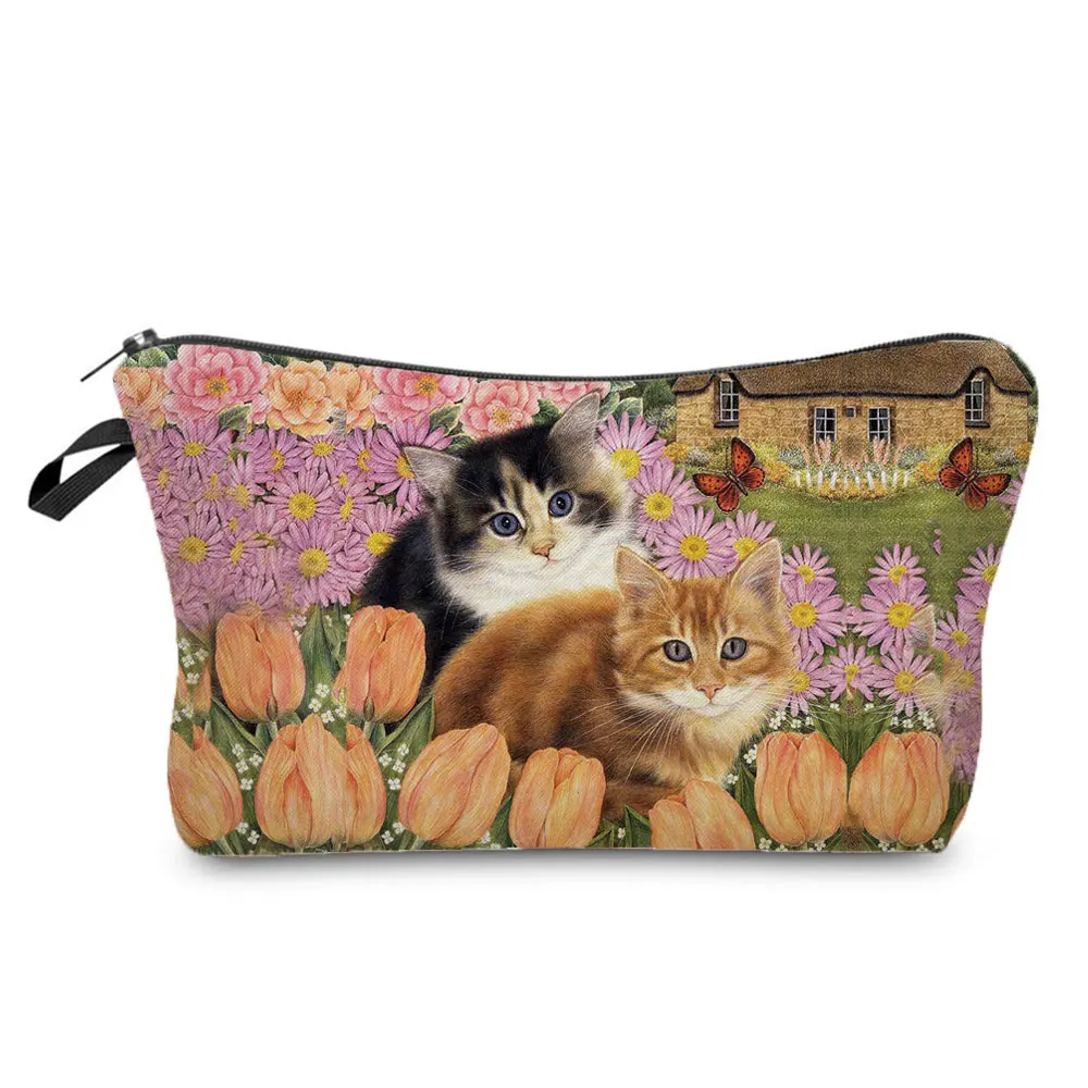 Floral Cat Makeup Bag Travel Storage Organizer For Women Cosmetic Bag Purse Big Portable Female Bag Home Office Pencil Storage