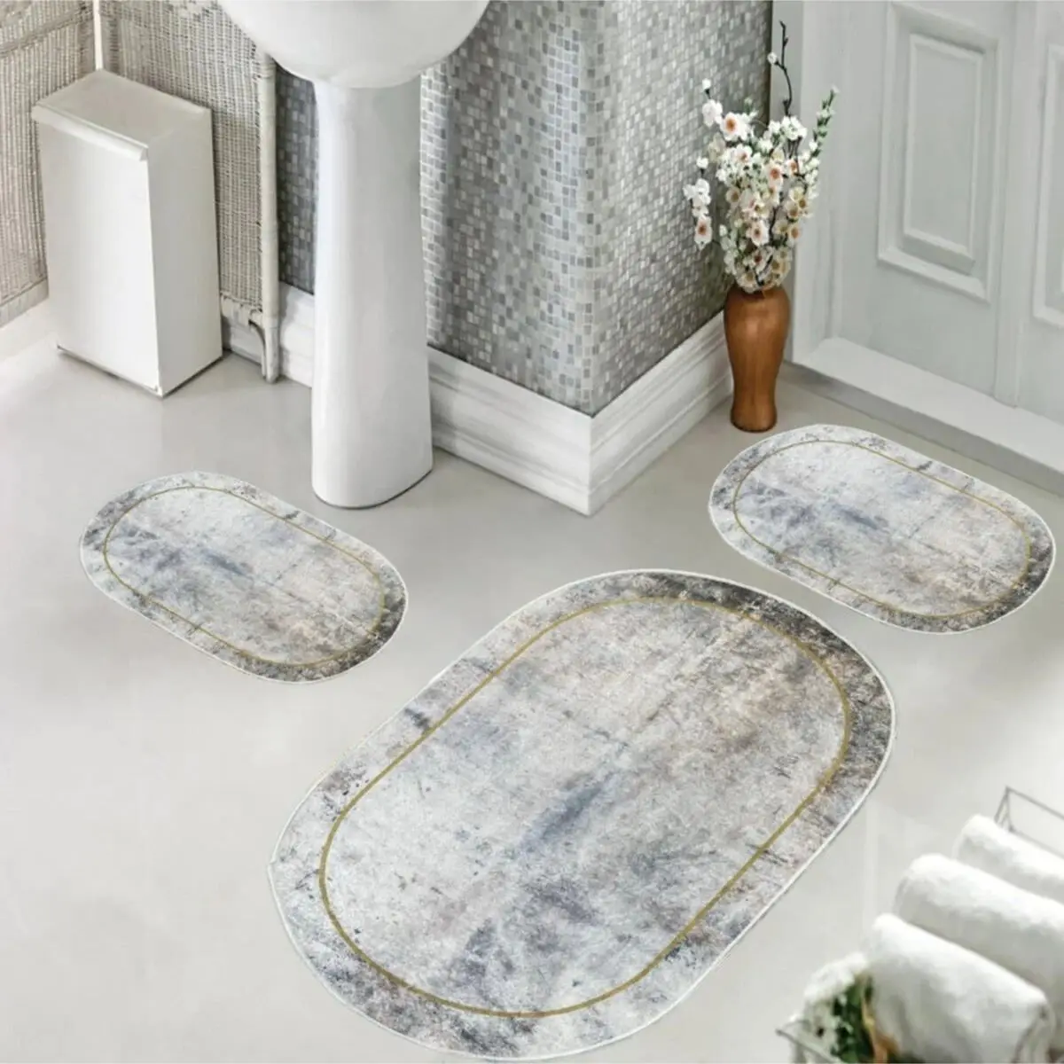 Gold Rumman Bathroom 3 Pcs Matte Marble Patterned Non-slip Base 80x120 50x80 50x80 Cm Super Absorbent Floor Mat Anti Slip Drying