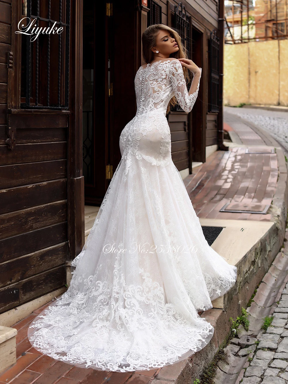 Liyuke elegante vestido de casamento de sereia de manga cheia renda simétrica com saia de tule destacável