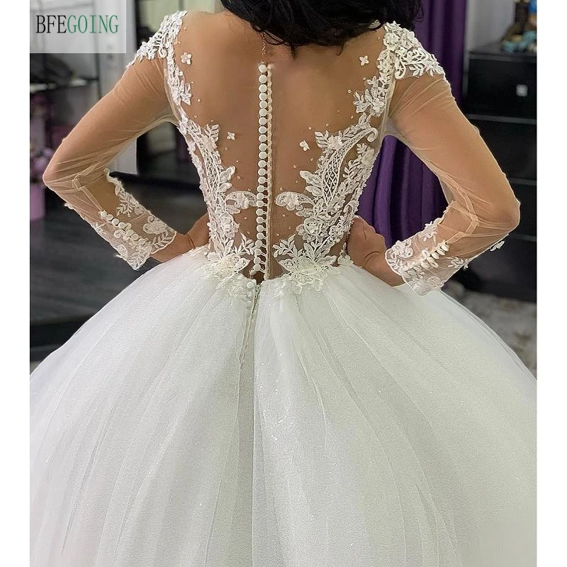 Luxuoso marfim tule renda miçangas mangas compridas até o chão vestido de baile vestido de casamento capela trem personalizado feito