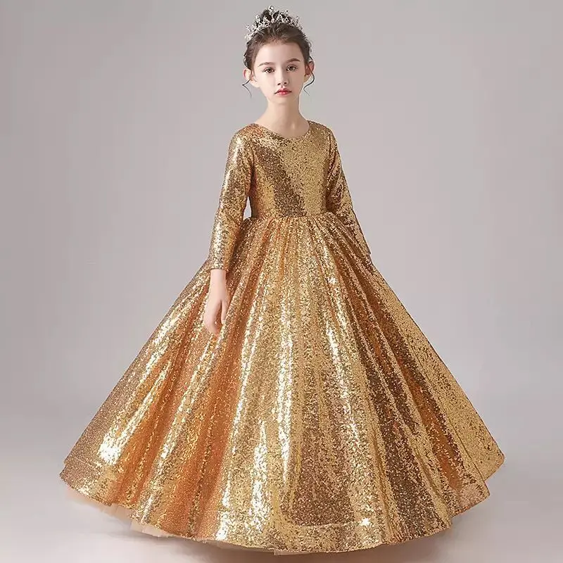 Kids Maxi Party Wedding Toddler Girl Clothing Gorgeous Gold Sequins Children Pageant Gown Baby Princess Dress Chinese Style Robe