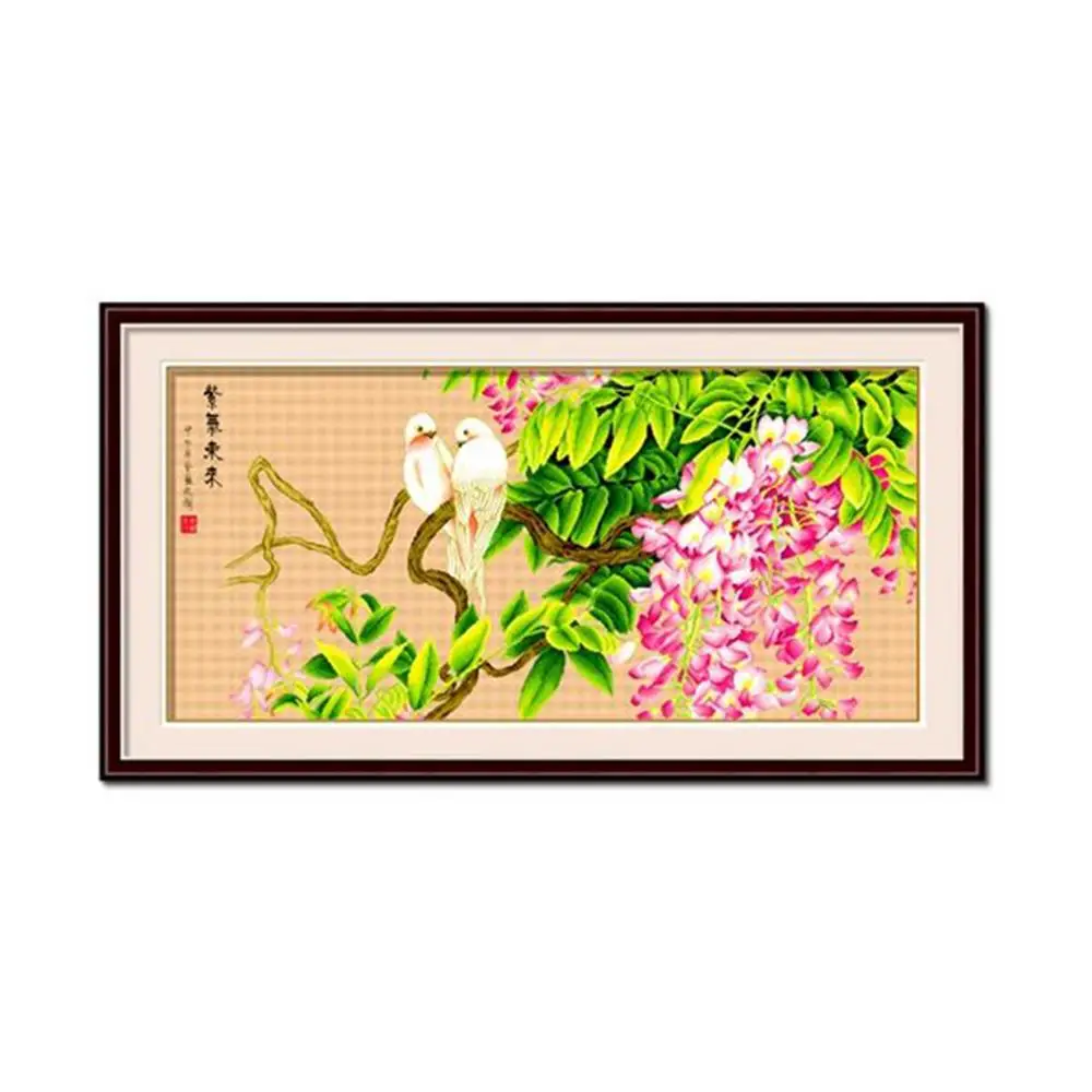 Two White Parrot on Wisteria Pink Flowers Stamped Cross Stitch Kit embroidery needlework set