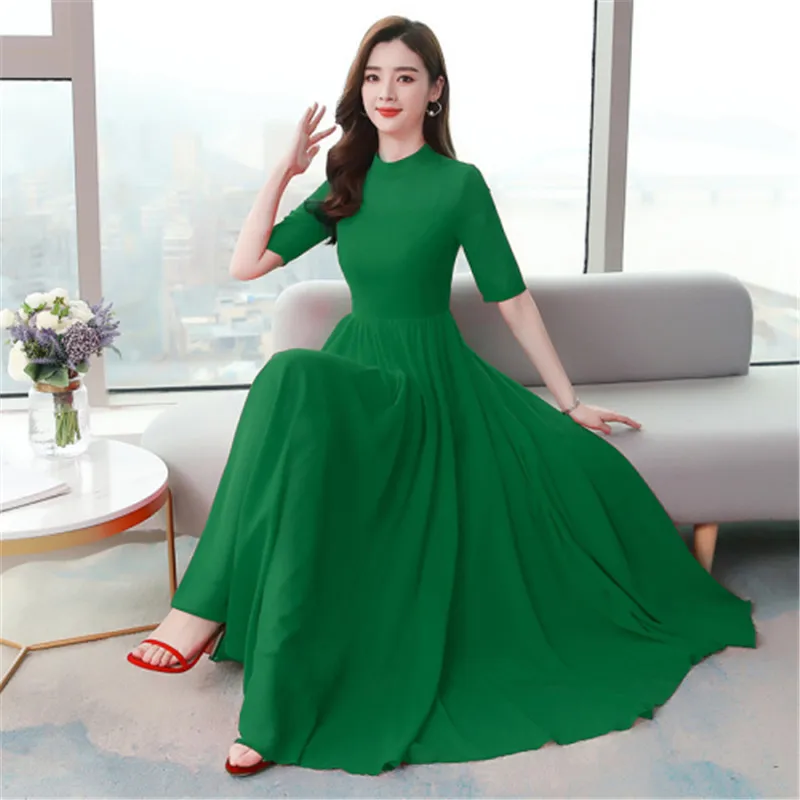 Short-sleeved dress 2020 summer new retro stand collar ladies solid color waist was thin and big swing chiffon dress