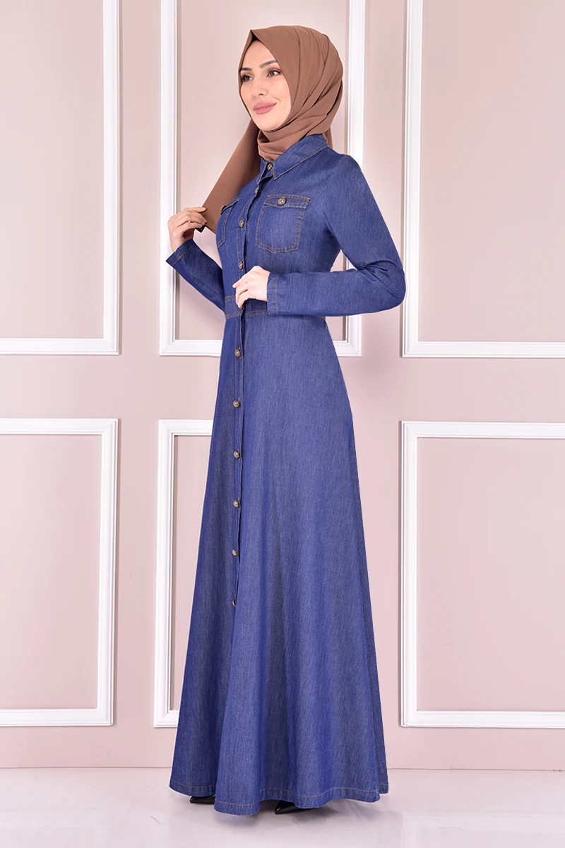 Through-hole Button Arched Handle Denim Dress Dark Blue muslim long dress women Dubai turkish hijab girls Islamic clothing Tunic big size