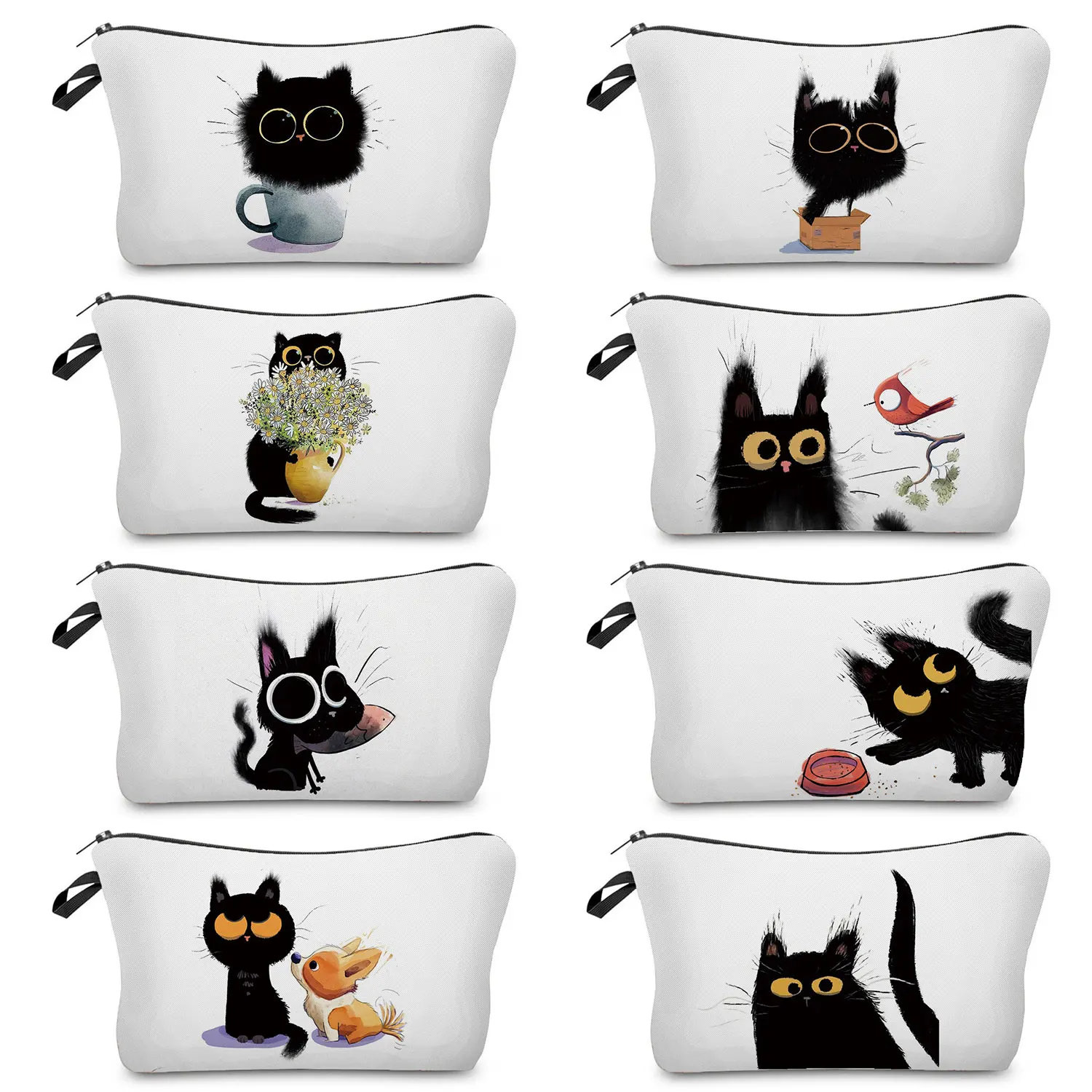 

Lovely Cosmetic Bags Animals Black Cat Print Makeup Bag High Quality Pencil Case Daily Use Foldable Casual Women Toiletry Bag