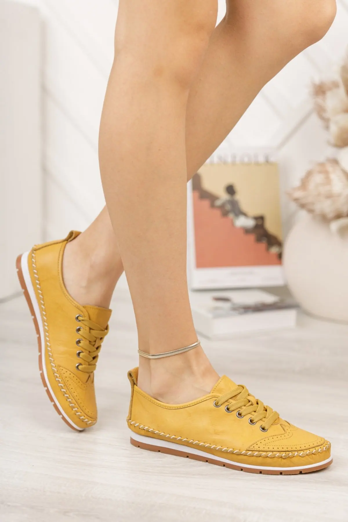 2022 Summer Women Casual Fashionable Sports Shoes, Woman Summer Flat Ladies Shoes, Genuine Leather Yellow Women's Leather Flats