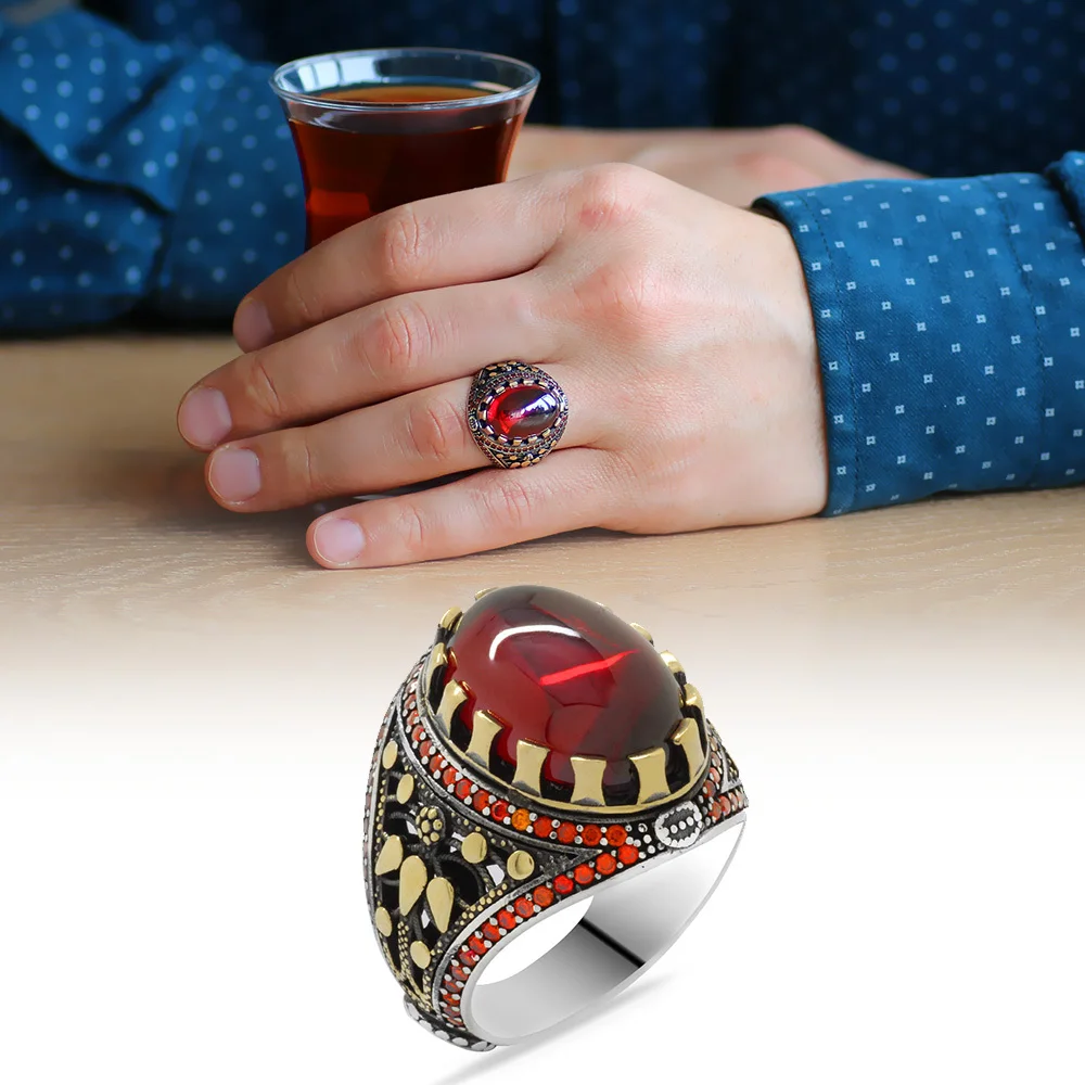 

925 Sterling Silver Ring for Men Zircon Stone, Jewelry Fashion Vintage Gift Onyx Aqeq Mens Rings All Size