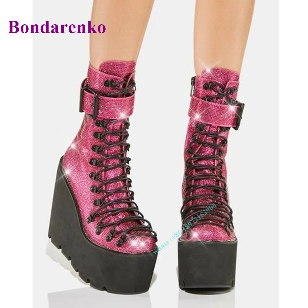 High Wedges Platform Glitter Boots Ankle Buckles Lace Up Solid Round Toe Side Zipper Boot Women Shoes Fashion Party Dress Spring