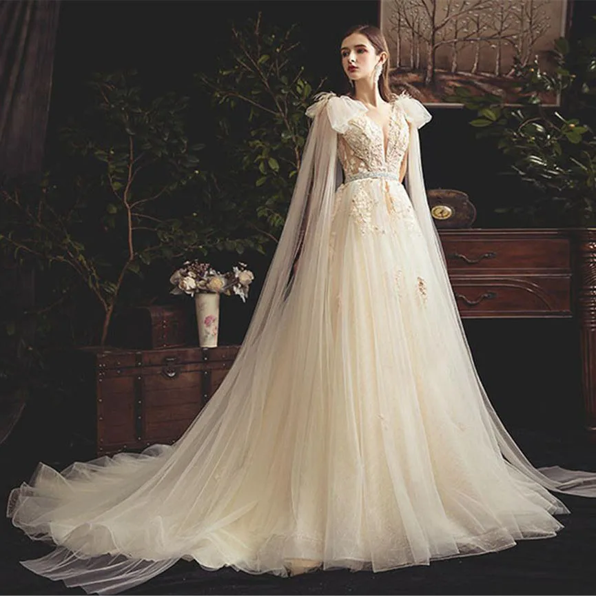 Romantische Schouder Cape Trouwjurk Sexy Diepe V Bridal Dress Elegant 3D Bloem Kant Applique Lint Sash Bridal Wedding Gown