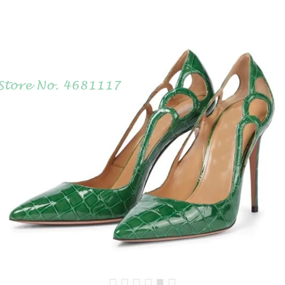 Stiletto Heels Print Green Pumps Hollow Chic High Heels Pointy Toe Pumps 2022 Summer Stunning Fashionable Office Lady Shoes