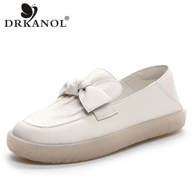 DRKANOL High Quality Genuine Cow Leather Slip On Loafers Women Flat Shoes Shallow Bow-knot Soft Sole Pregnant Woman Casual Shoes