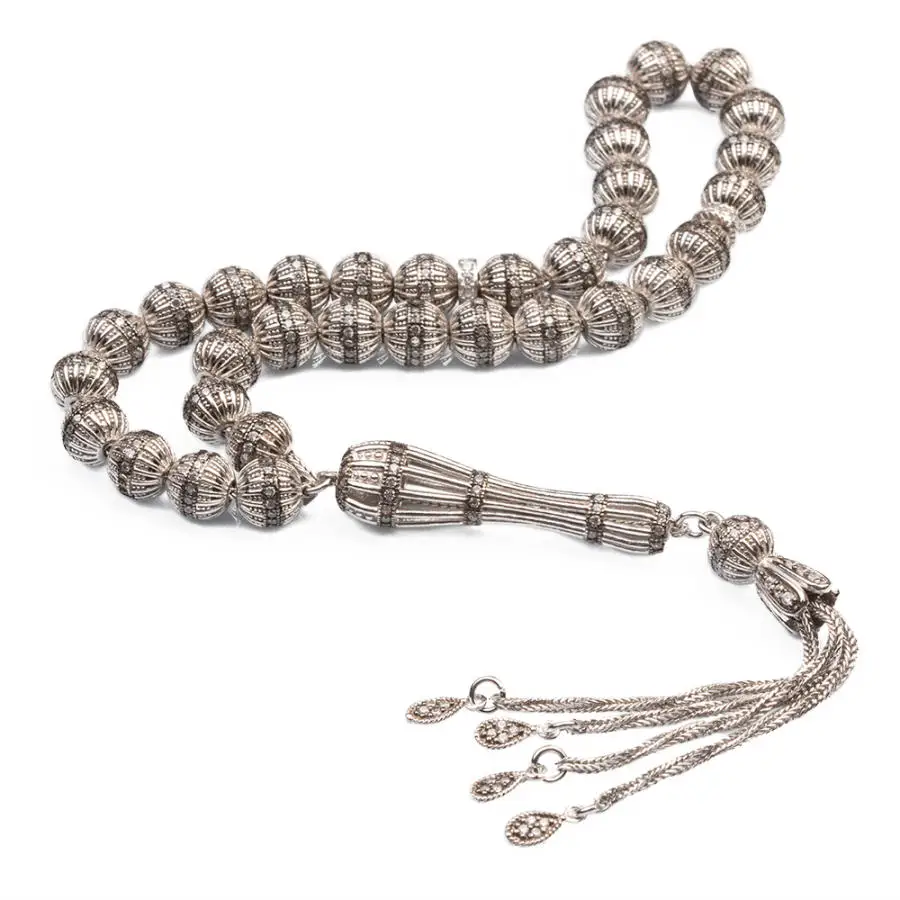 Silver White Zircon Gemstone Prayer Rosary Men Rosary With Silver Tassel Arabic Tasbih Ornate Tassel 925k Silver Made in Turkey