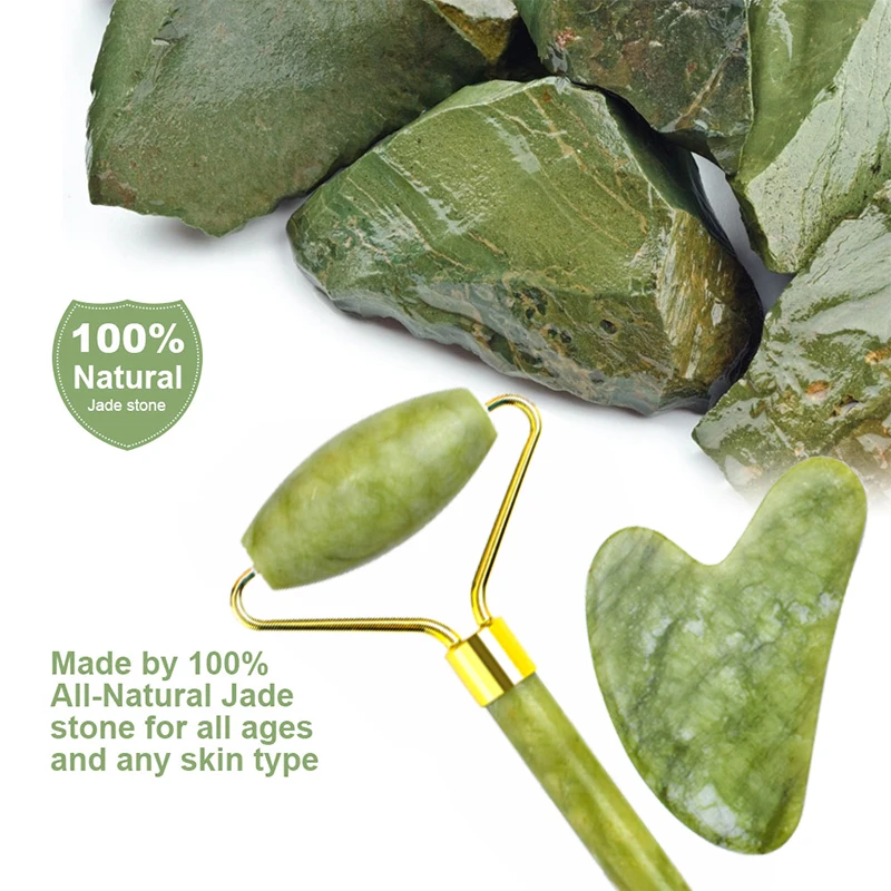 Gouache Set Alat Pijat Keruk Gua Sha Roller Giok Alami untuk Perawatan Kulit Pelangsing Pengencang Leher Tubuh Wajah