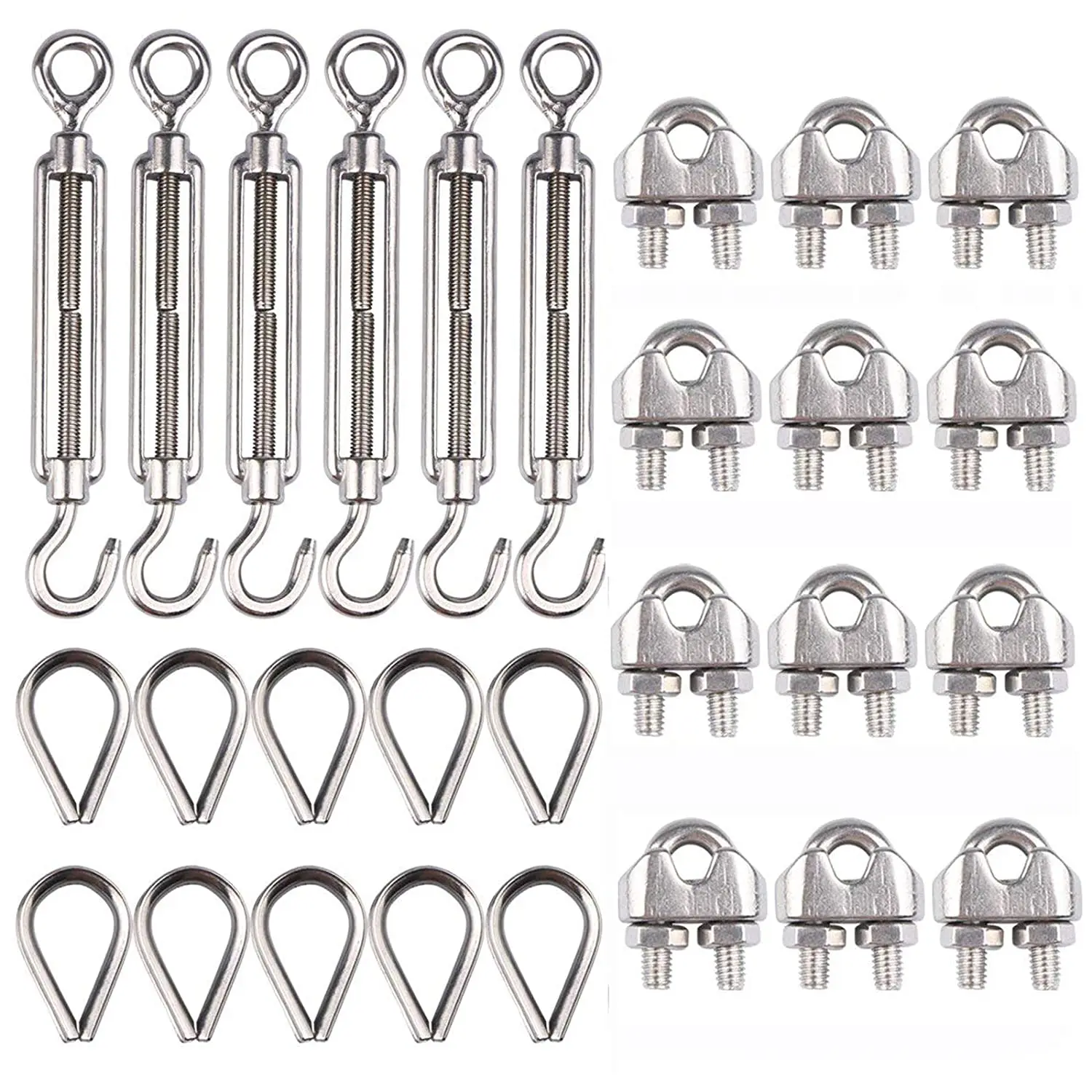 Stainless Steel 304 6pcs Hook & Eye Turnbuckles Wire Rope Tensioner M6 Strainer M3 Wire Rope Clips Cable Railing Kit