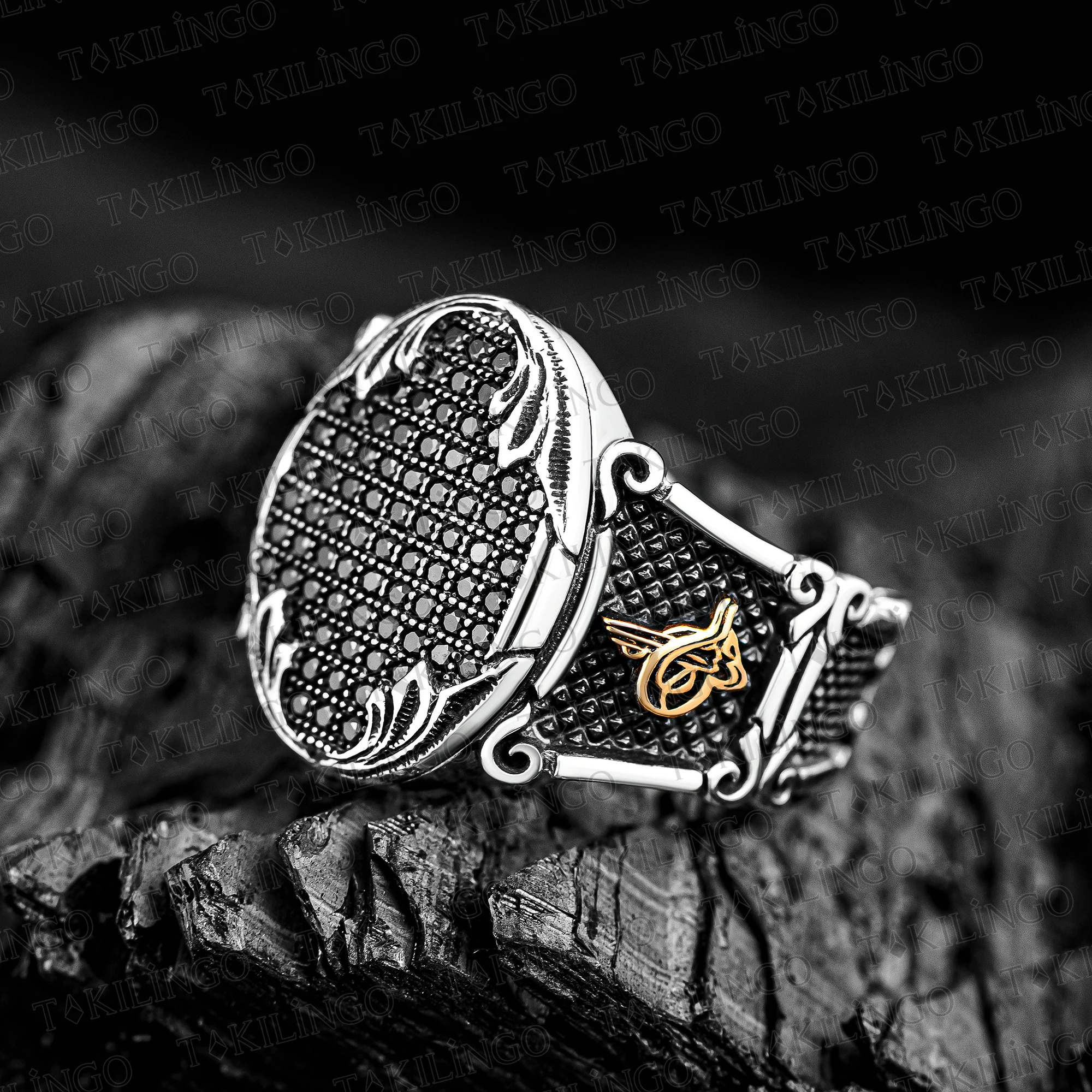 

925 Sterling Silver Oval Design Mini Black Stone Decorated Sides Ottoman Tugra and Coat of Arms Seal Pattern Biker Mens Ring