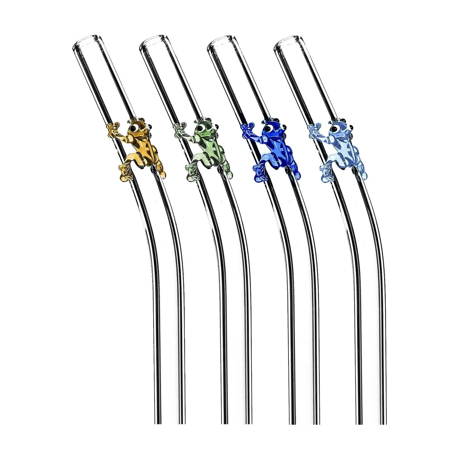 Special design handcrafted Glass Straw 20 cm Frog Figured 4 Pieces glass straw + Brush gift Reusable, environmentally friendly s