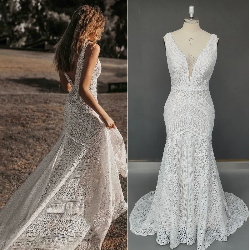 

10993 # V-образный вырез Русалка Бохо винтажное платье свадебное платье со шлейфом без рукавов Кружевное с открытой спиной свадебное платье