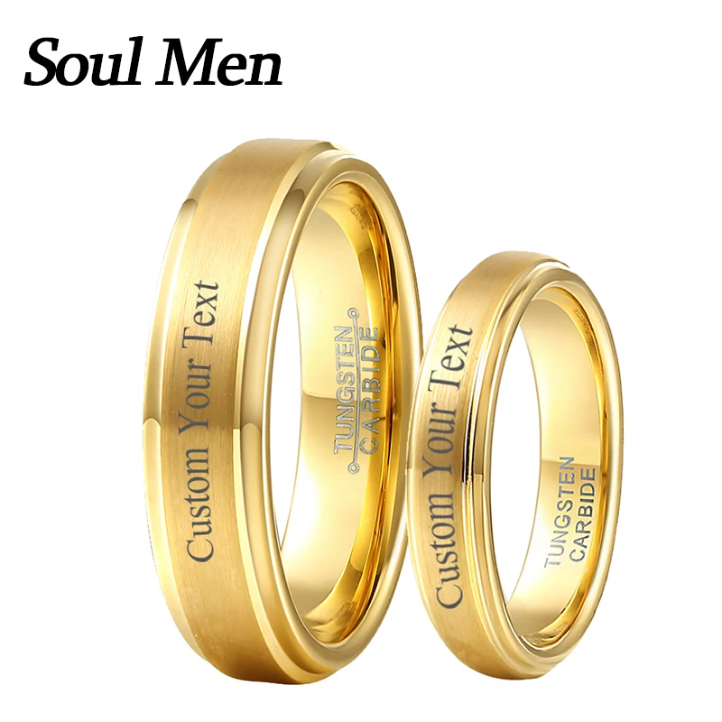 Personalized Gold Tungsten Carbide Wedding Bands Couples Matching Rings Free Custom Engraved Name Anniversary Date Image