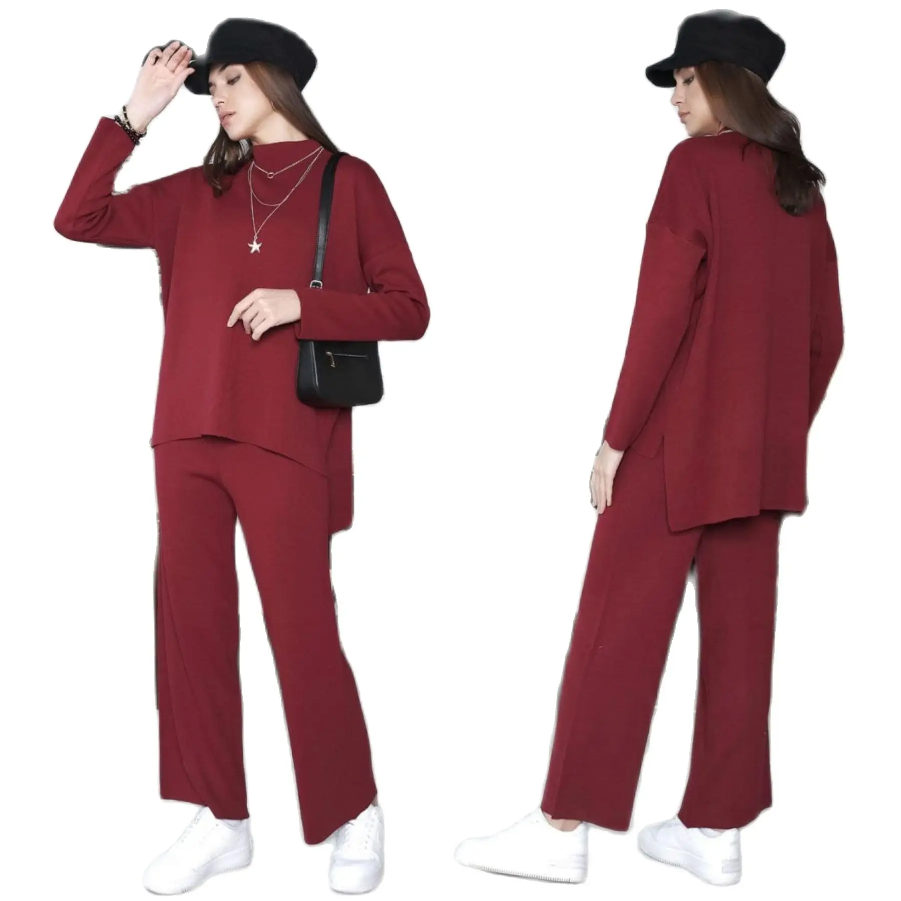 2 Piece Women's Set Stripe Patterned Crepe Fabric Maxi Turtleneck Long Sleeve Top and Pant Baggy Sports Suit Turkey 2021 Fashion