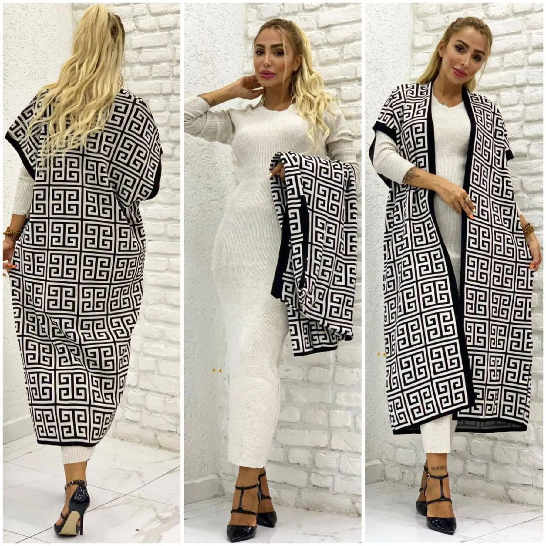 2 Piece Women\'s Set %100 Cotton Knitwear From Turkey Turtleneck Dress and Cardigan Suit Elastic Waist Loose Fit Big size African