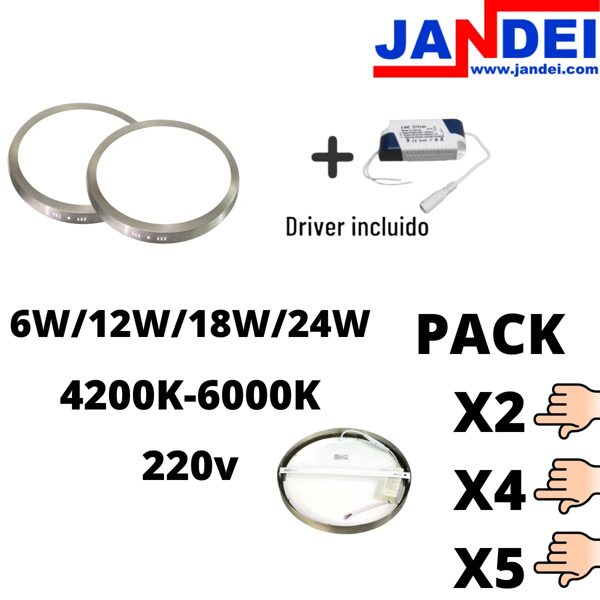 Jandei-LED Downlight Pack round surface steel frame with Driver, 6000K or 4200K, 6-12-18 24W led Downlight Downlight