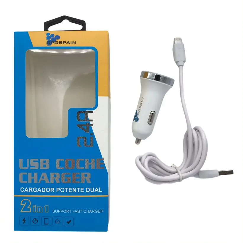 Cargador Coche Blanco con cable y puerto USB Para Apple IPhone Cargador Potente Dual Envió Gratis desde españa