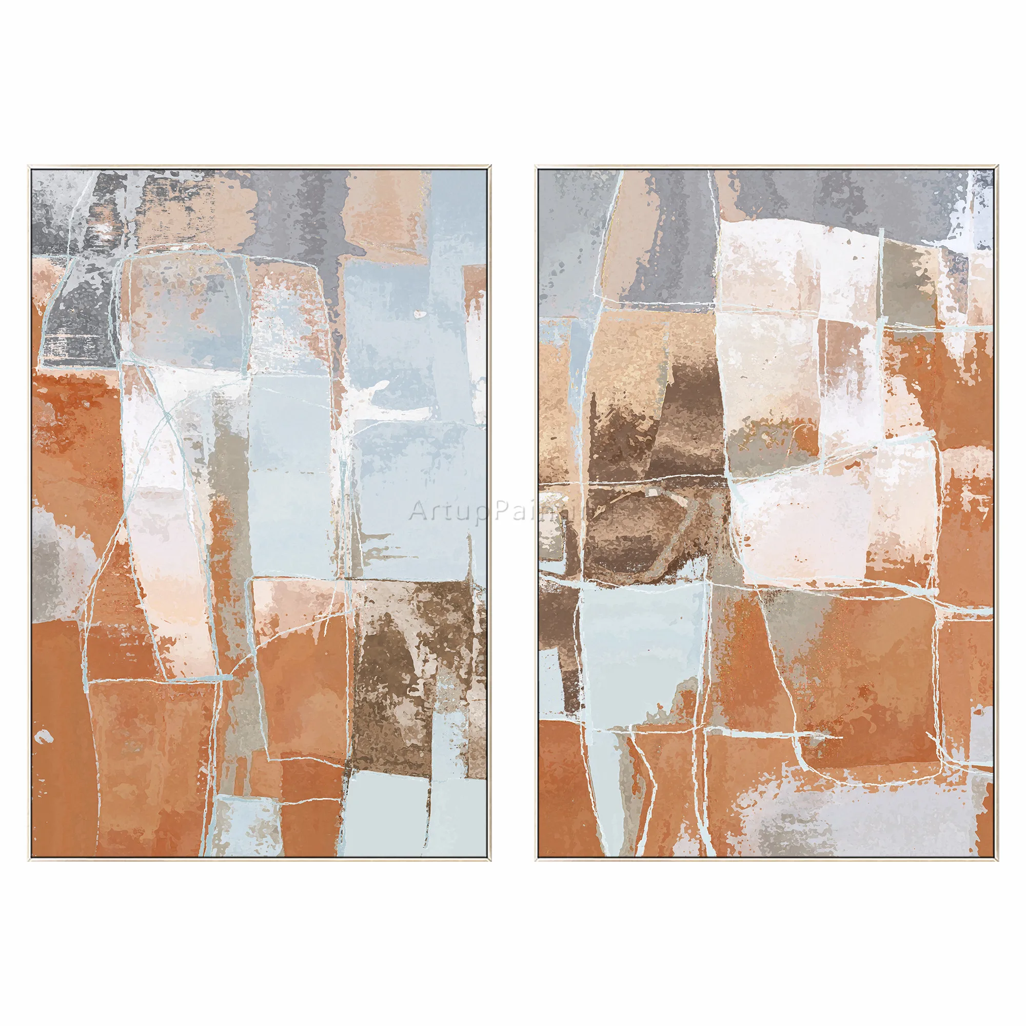 Set of 2 Modern abstract White light blue brown Hand painting on canvas wall art pictures for living room decoracion wall poster