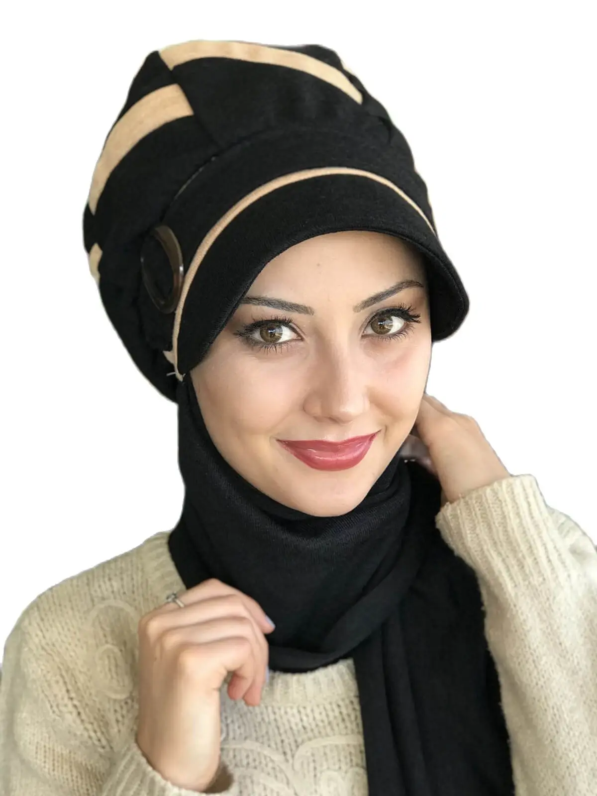 New Fashion Women 2021 Muslim Headscarf Islamic Turban Women\'s Scarf Tulle Foulard Bonnet Black Buckled Cream Striped Hat Shawl