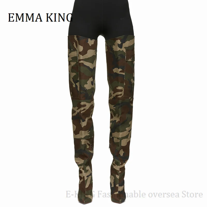 2021 jesienno-zimowa WomenCamouflage wzór udo-wysokie buty Sexy Pointy Toe panie na buty do kolan kobieta Botas De Mujer