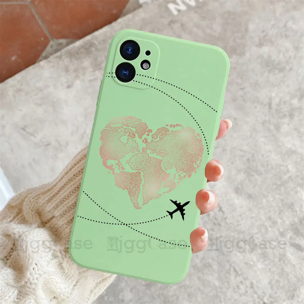 Luxury Popular Planes World Map Travel Silicone Case For iPhone 11 12 13 14 15 Pro MAX XS XR 7 8Plus Cute Candy Matte Soft Cover