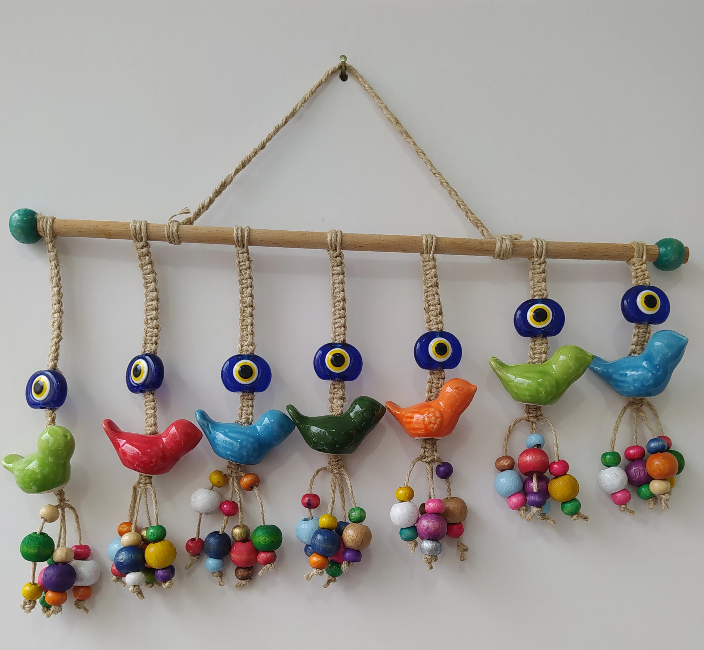 

Macrame Evil Eye Home Decor Handmade Glass Beads with Ceramic Birds Turkish Amulet Ojo Turco Nazar Protector Goodluck Boho Decor