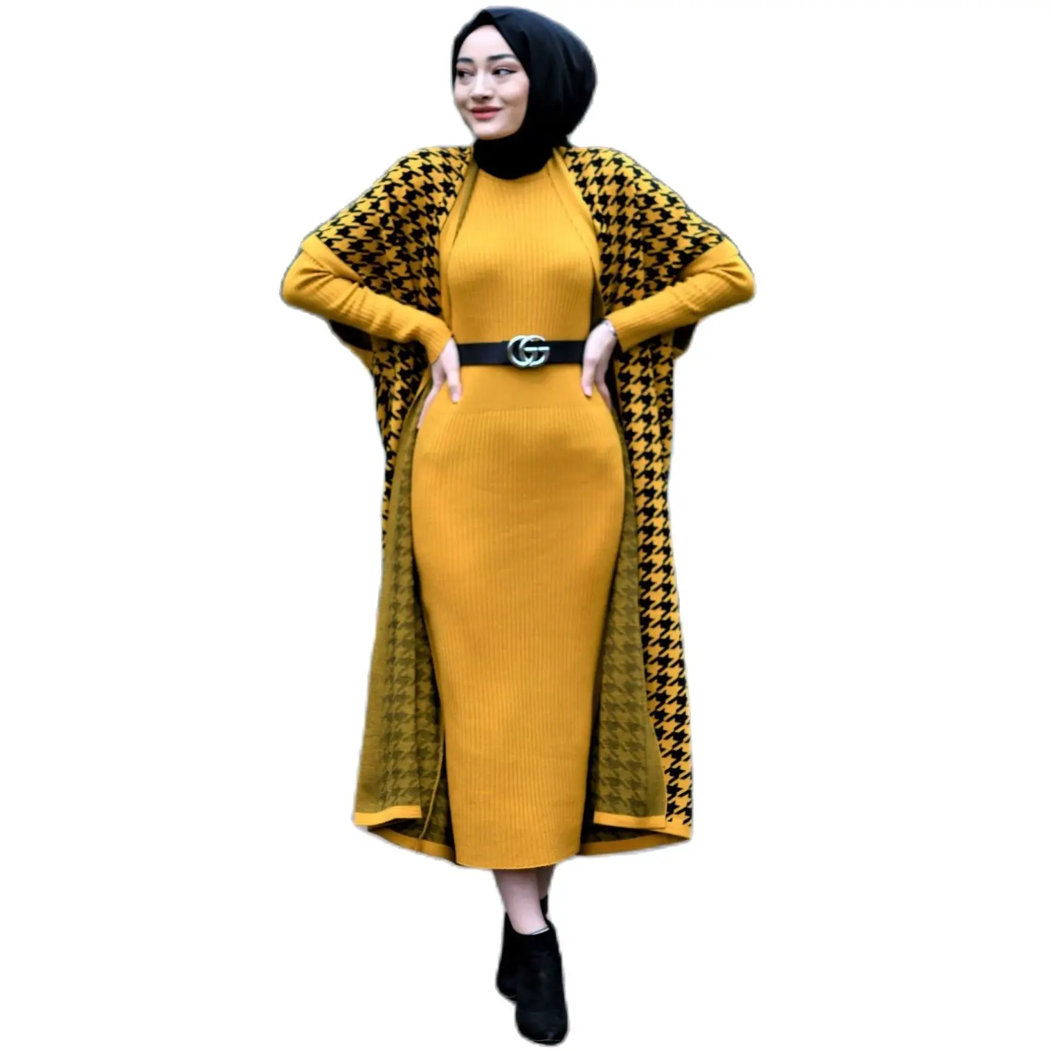 2 Piece Women\'s Set Crowbar Patterned Knitwear Maxi Turtleneck Dress and Maxi Cardigan Long Sleeve Turkey Muslim Fashion Dubai