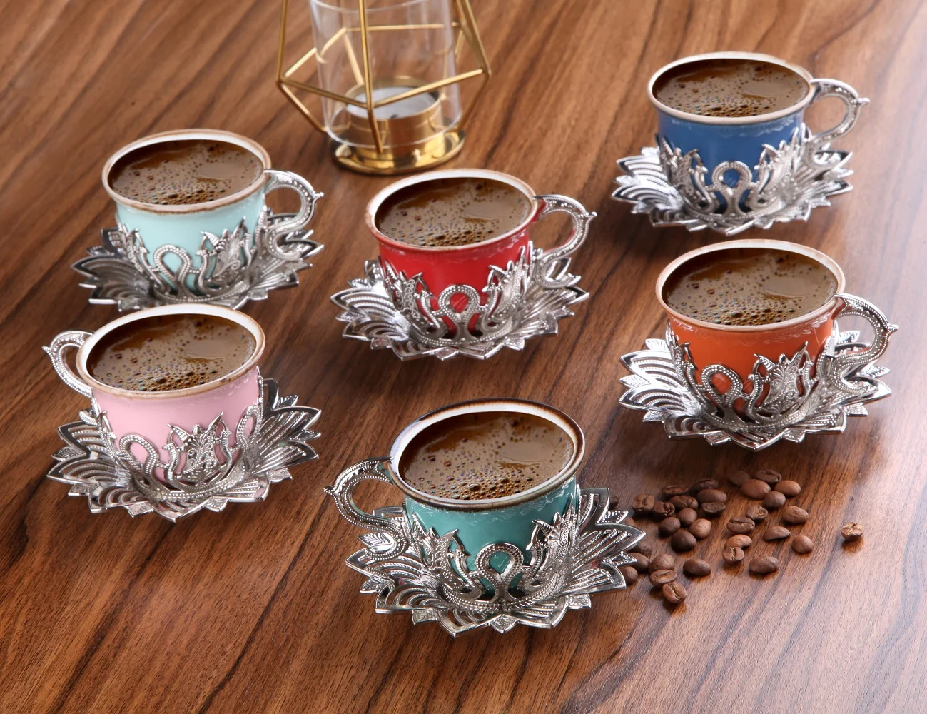 Turkish Coffee Set -  Silver Color - Colorful Cups