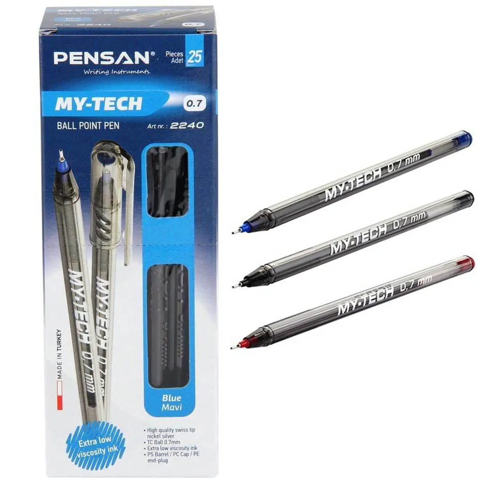 

PENSAN 25 Pcs (1Package) Ballpoint Pen MY-TECH 0.7 mm Blue-Red-Black Box Stationery for School Office Tip Soft Drawing