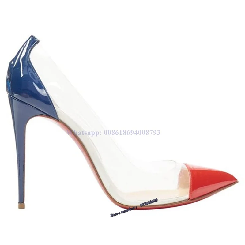 Pointed Toe Clear PVC High Heel Blue and Red Pumps 12CM 10CM 8CM Stiletto Heels Neon Yellow Heel Patchwork Color Wedding Shoes