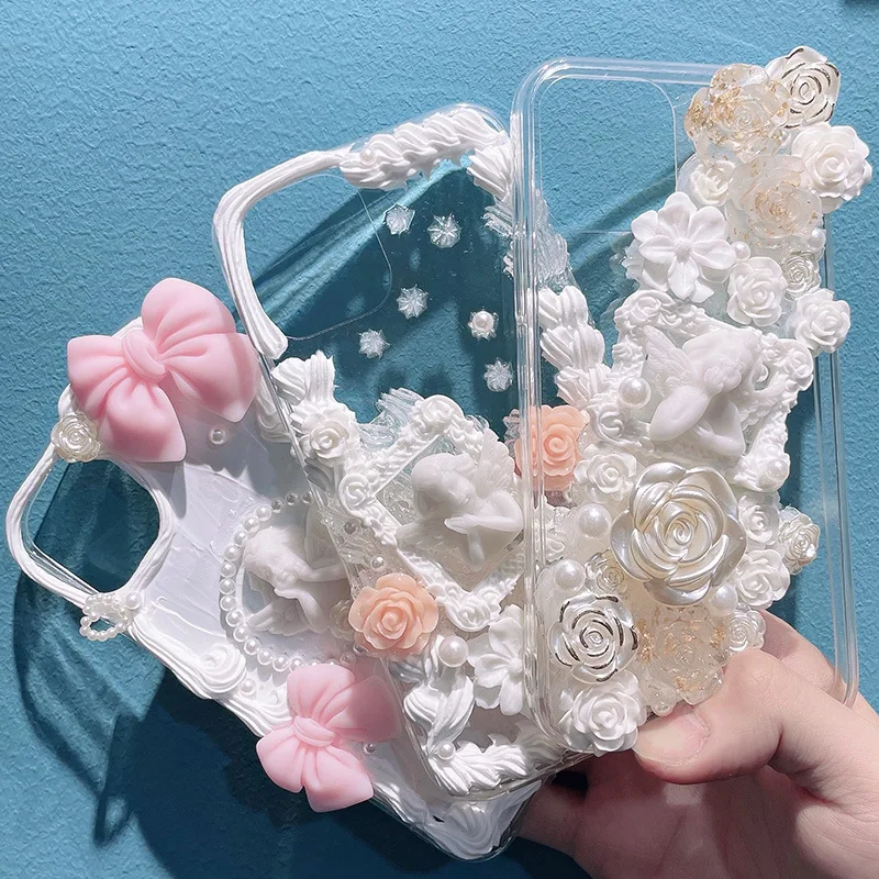 Custodia per telefono cartone animato 3D piccolo angelo barocco gelato per iPhone 12 Pro X XS MAX Xr 11 8 Plus Cover morbida farfalla fiore rosa