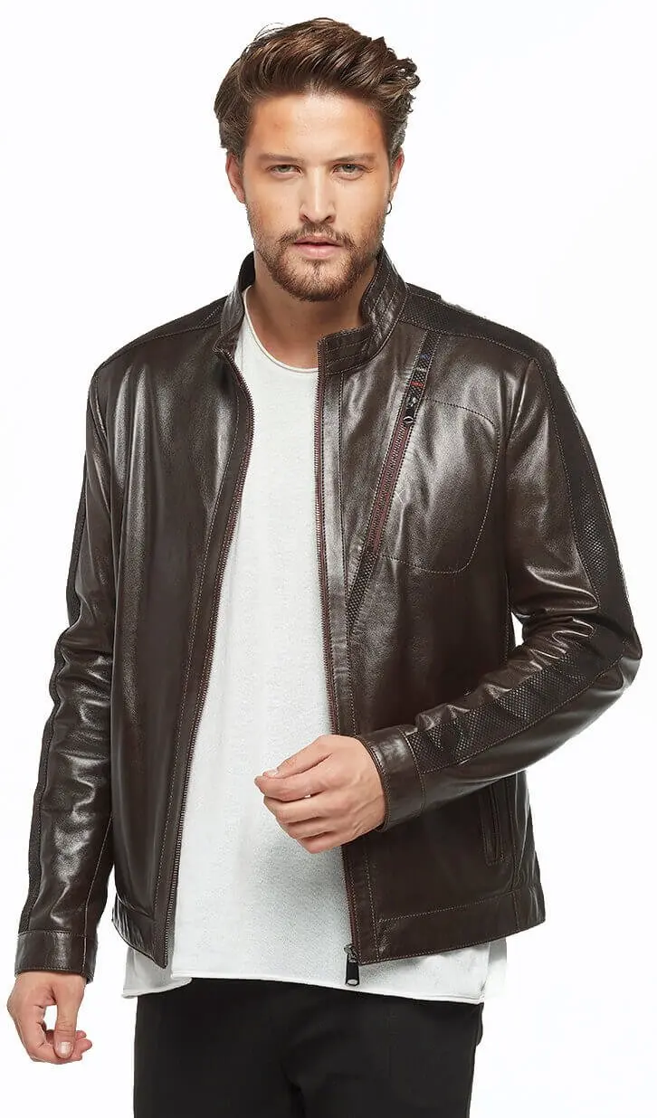Renzo Coffee Antique Leather Coats Orjinal Lambskin Autumn Winter 2022 Biker Slim Large Size VintageTürkiye