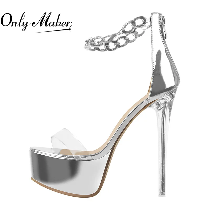 

Onlymaker Women Sandals Summer Peep Toe Platform Metal Transparent High Heel Ankle Metal Chain Patent Leather PVC Zipper Heels