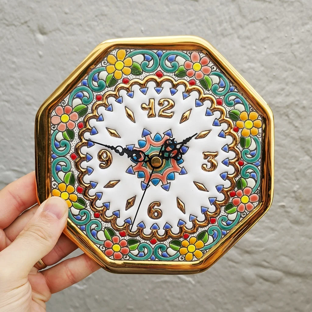 Clock octagonal ceramics Spanish 17 cm./6.7 inches diameter - Glazed up handmade - 24 k gold - ARTECER - Home & Decoration -