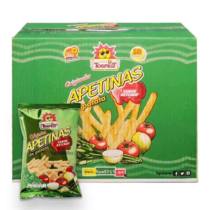 Tosfrit Ketchup box-contains 10 units of 90 grams-are Ketchup flavored potato sticks-perfect as snack at any time of day